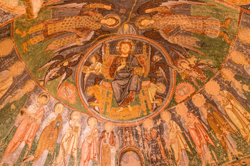 Fototapeta na wymiar Fresco in Church of the Cross, Crusader Church at Rose valley. Cappadocia. Nevsehir Province