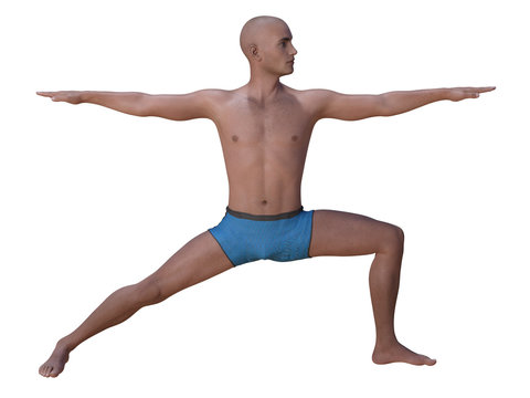 Bald man in the yoga warrior pose, bent knee and head turned left. 3d render isolated on white.
