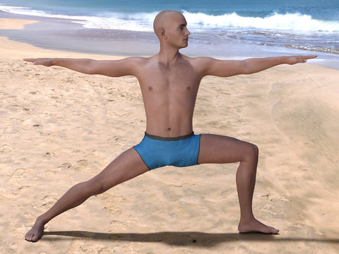 Bald man in the yoga warrior pose on a beach, bent knee and head turned left. 3d render.