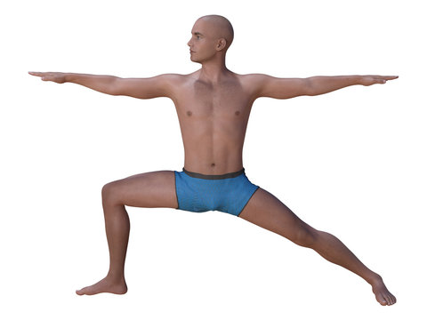 Bald man in the yoga warrior pose, bent knee and head turned right. 3d render isolated on white.