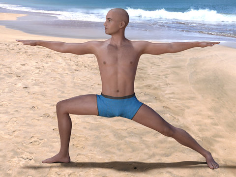 Bald man in the yoga warrior pose on a beach, bent knee and head turned right. 3d render.