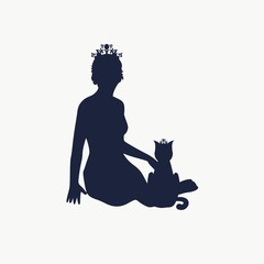 The woman sitting with cat. Young lady wearing crown