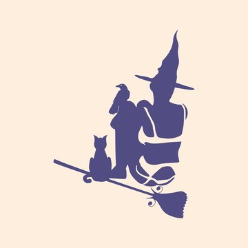 Illustration of sitting young witch wearing lingerie. Witch silhouette with a broomstick, cat and raven. Halloween relative image