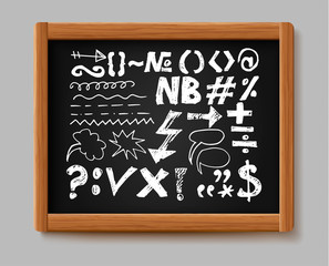 Chalk graphic elements collection hand written arrows, lines and signs. Chalk forms on black board.  Sketch doodle ready for your business. Vector illustration....