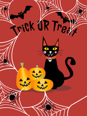 Black cat and Halloween pumpkin background. Halloween greeting card or invitation card. 