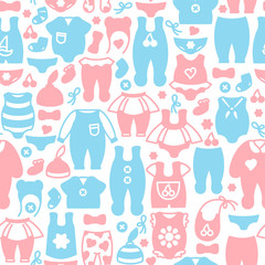 Baby clothes seamless pattern. Flat style vector illustration. Suitable for wallpaper, wrapping or textile