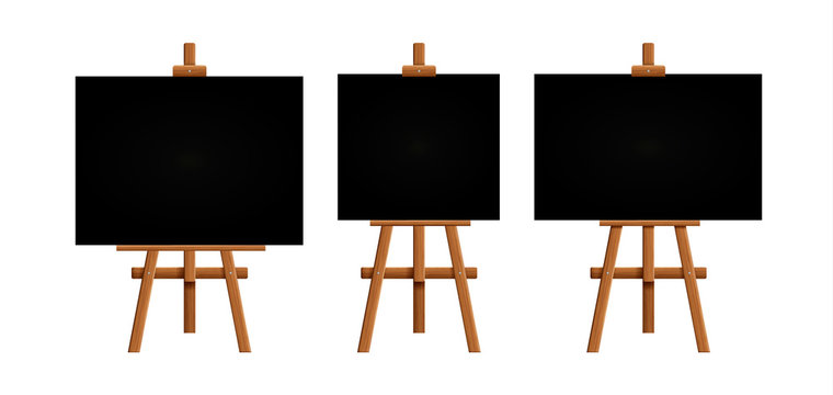 Set blank art board and realistic wooden easel. Wooden Brown  Easel with Mock Up Empty Blank Square Canvas Isolated on white background. Vector illustration..