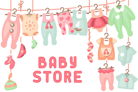 Baby clothing hanging on ropes and inscription baby store. Flat style vector  illustration. Suitable for advertising Stock Vector | Adobe Stock