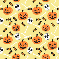 Cute Halloween pumpkin and skull seamless pattern. Trick or treat on Halloween.