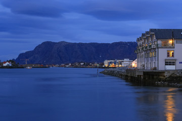 Fototapeta na wymiar After sunset at Bronnoysund port in northern Norway