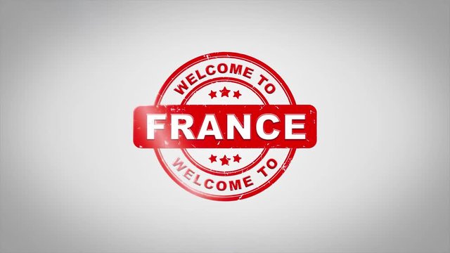 Welcome to FRANCE Signed Stamping Text Wooden Stamp Animation. Red Ink on Clean White Paper Surface Background with Green matte Background Included.