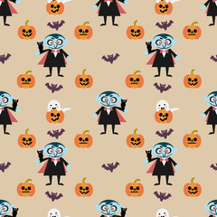 Vampire and Halloween pumpkin seamless pattern on vintage color background.