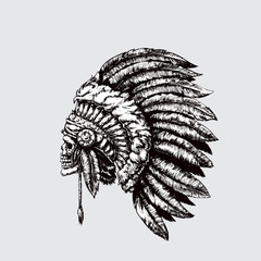 Indian chief. Skull with feathers. Vector illustration, eps 10.