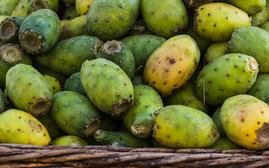 close up of Indian figs on a basket