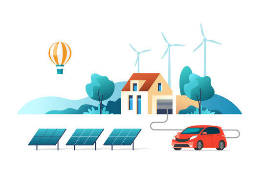 Concept of eco friendly alternative energy. House with solar panel and wind turbines. Vector illustration.