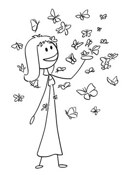 Cartoon stick drawing conceptual illustration of happy smiling woman or girl enjoying to be surrounded by large amount of butterflies flying around her. Concept of daydreaming or environmental