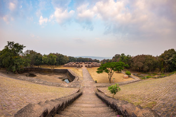 Sanchi Stupa, Ancient buddhist building, religion mystery, carved stone. Travel destination in Madhya Pradesh, India.