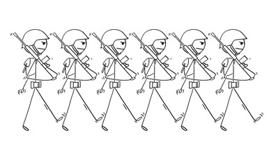 Cartoon stick drawing conceptual illustration of modern soldiers marching on parade or in to war. Concept of militarism.