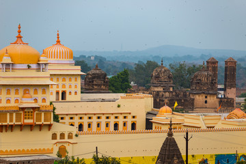 Orchha cityscape, kitsch yellow Ram Raja temple. Also spelled Orcha, famous travel destination in...