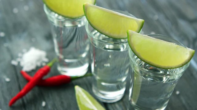From above closeup shot of glass shots with tequila served with slices of lime on wooden table with salt and chili pepper