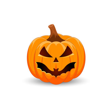 Pumpkin on white background. The main symbol of the Happy Halloween holiday. Orange pumpkin with smile for your design for the holiday Halloween. Vector illustration.