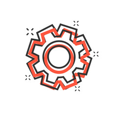 Vector cartoon gear icon in comic style. Cog wheel concept illustration pictogram. Gearwheel cogwheel business splash effect concept.