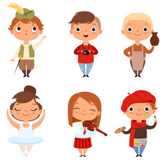 Cartoon kids boys and girls of different creative professions. Vector of photographer and potter, ballerina and musician illustration