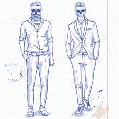 Vector set of two men with skull, beard