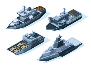 Isometric warships. Vector military boats. Illustration of warship military, ship and boat, vessel nautical with weapon for army © ONYXprj