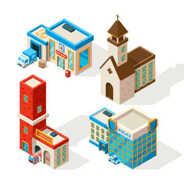Exteriors of municipal buildings. Vector 3d pictures. Post office and police station illustration