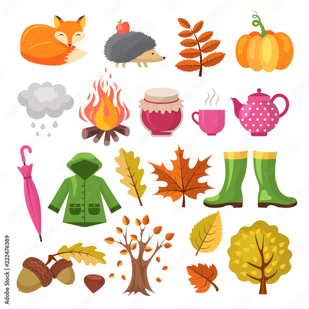 Poster autumn icon set. various symbols of autumn. vector pumpkin and boots, jam and hedgehog illustration