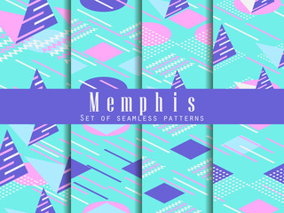 Memphis seamless pattern set. Geometric elements memphis in style of 80s. Isometric figures. Great for brochures, promotional material and wallpaper. Vector illustration