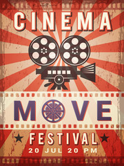 Cinema poster. Vintage design template of video and cinema production poster. Vector production and entertainment cinematography illustration