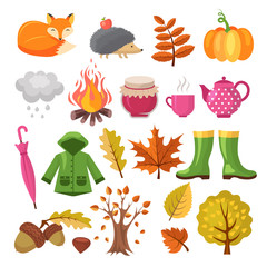 Autumn icon set. Various symbols of autumn. Vector pumpkin and boots, jam and hedgehog illustration