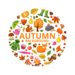 Autumn collection circle. Fall branch animals and orange yellow leaves symbols of autumn vector round shape floral decoration designs. Autumn season, hedgehog and fox, bonfire and acorn illustration