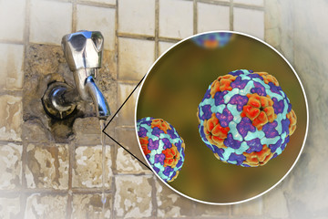Safety of drinking water concept, 3D illustration showing Hepatitis A viruses contaminating drinking water