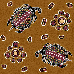 Australian aboriginal seamless vector pattern with dotted circles, ovals, turtles and other elements