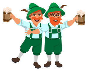 Two cheerful German man drink beer out wooden mug