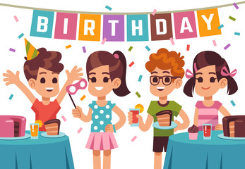 Children birthday party. Kids celebrating anniversary. Vector birthday background with cartoon boys and girls. Illustration of anniversary kids party, girl and boy on birthday holiday
