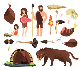 Stone age caveman. Hunting neolithic people, mammoth and prehistoric tools. Vector cartoon ancient human characters. Caveman family and hammer, ax tools illustration - obrazy, fototapety, plakaty