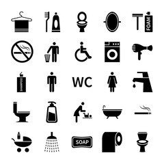 Wc toilet icons. Restroom and bathroom vector silhouette symbols. Set of washroom icon, foam and soap illustration