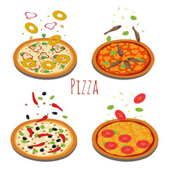 Set of different pizzas with falling ingredients. Pizza with tomato and cheese, pineapple and seafood illustration vector