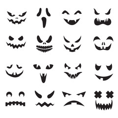 Pumpkin faces. Halloween jack o lantern face silhouettes. Monster ghost carving scary eyes and mouth vector icons set. Illustration of halloween face silhouette, scary monster pumpkin © MicroOne