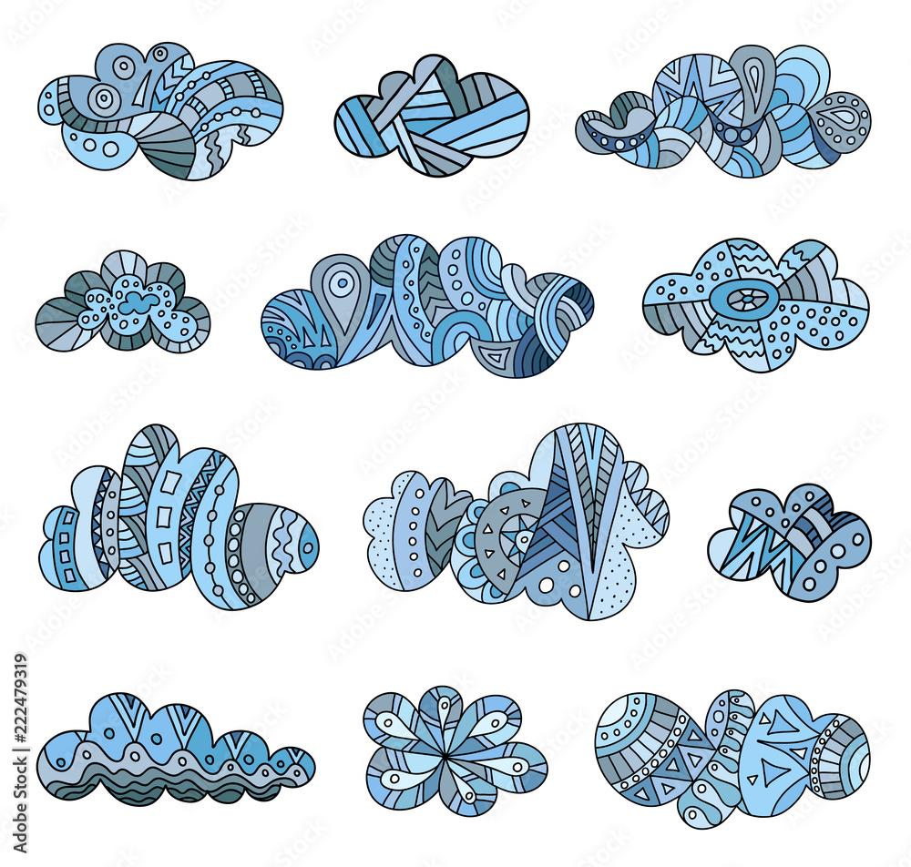 Wall mural banner with colored patterned clouds. set of vector doodle clouds. hand-drawn design elements.