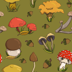 seamless pattern with forest mushrooms and acorns