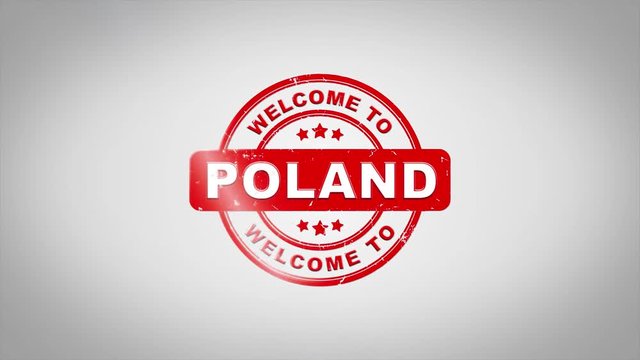 Welcome to POLAND Signed Stamping Text Wooden Stamp Animation. Red Ink on Clean White Paper Surface Background with Green matte Background Included.