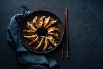 Fried gyoza dumplings with duck served with soy sauce ans sesame seeds. Dark blue concrete background