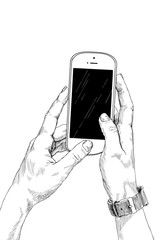 Female hands holding a mobile phone on white background of monochrome vector illustrations. Hand drawn realistic sketch - 222479776
