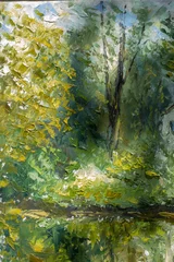 Fragment der Ölmalerei und Palettenmesser-Nahaufnahme des Impressionismus Illustration - Sommergrüne Frühlingsbäume und Laubkunst © weris7554