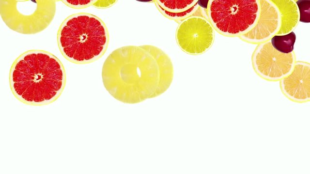 fruits falling on color background